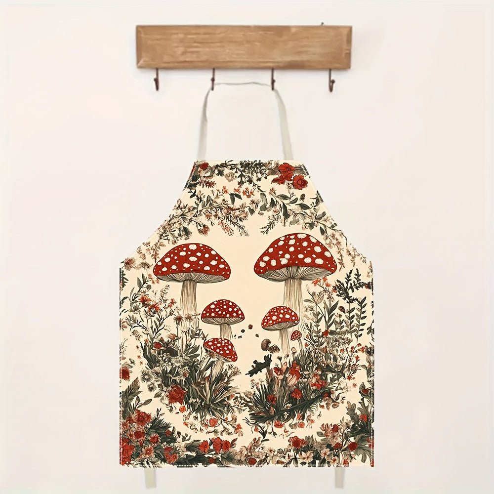 Tablier en lin motif champignons et fleurs - Style cottagecore - Cuisine Chez Nadine