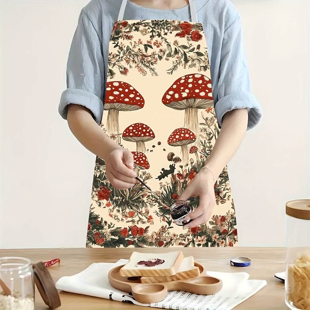 Tablier en lin motif champignons et fleurs - Style cottagecore - Cuisine Chez Nadine