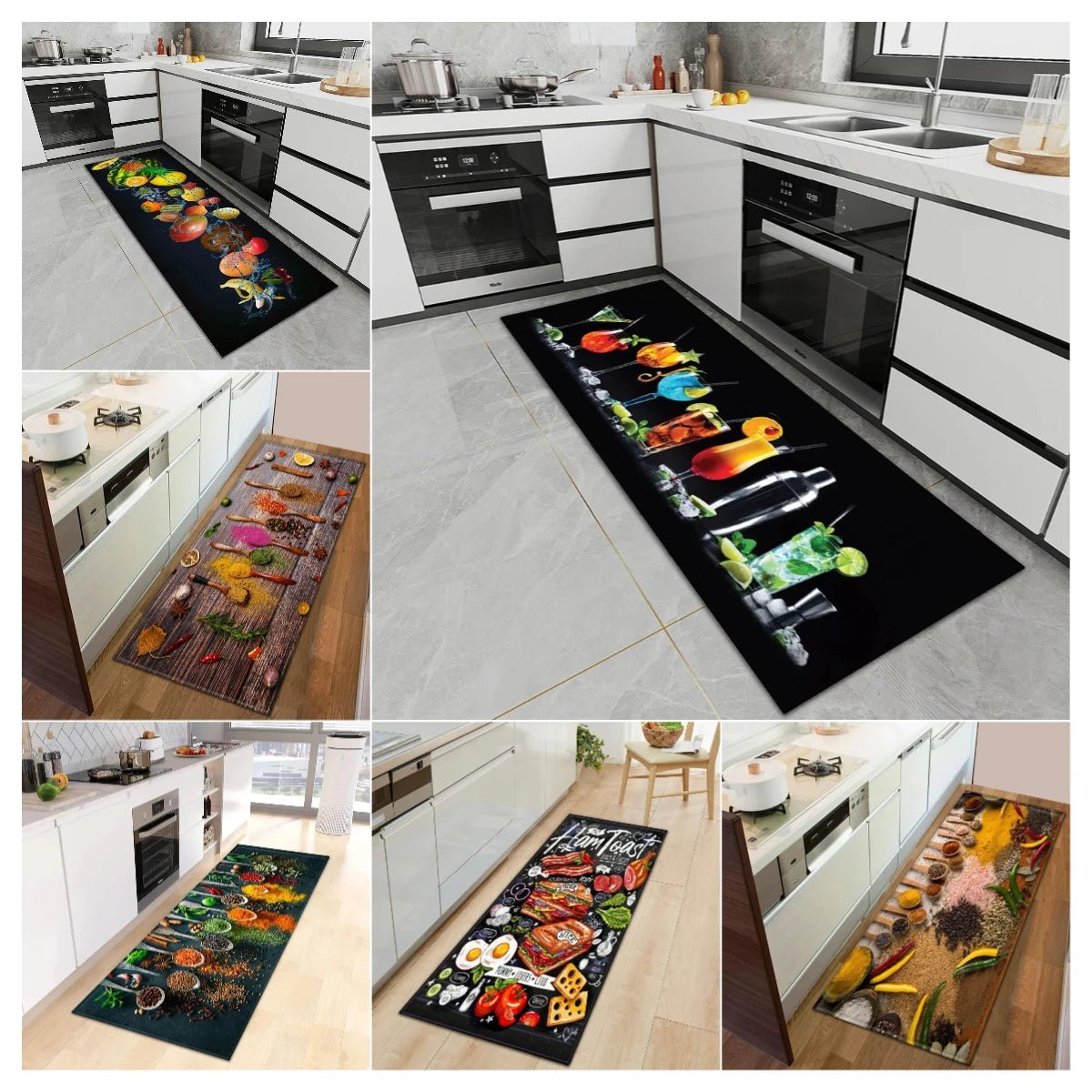Tapis de cuisine long motif alimentaire - Antidérapant, imperméable et résistant à l'huile pour zone de cuisson - Cuisine Chez Nadine