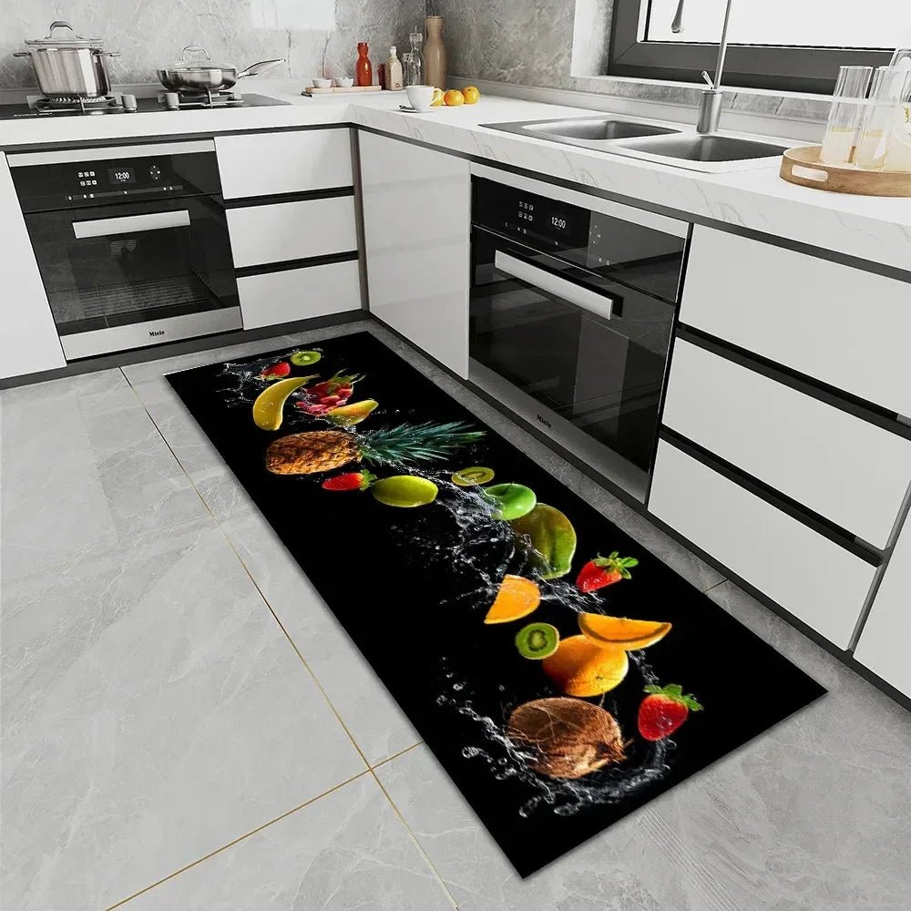 Tapis de cuisine long motif alimentaire - Antidérapant, imperméable et résistant à l'huile pour zone de cuisson - Cuisine Chez Nadine