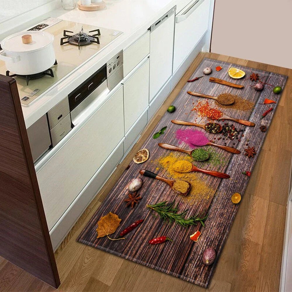 Tapis de cuisine long motif alimentaire - Antidérapant, imperméable et résistant à l'huile pour zone de cuisson - Cuisine Chez Nadine