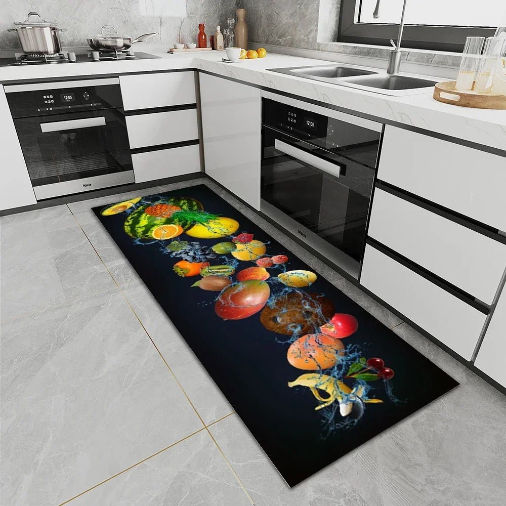 Tapis de cuisine long motif alimentaire - Antidérapant, imperméable et résistant à l'huile pour zone de cuisson - Cuisine Chez Nadine