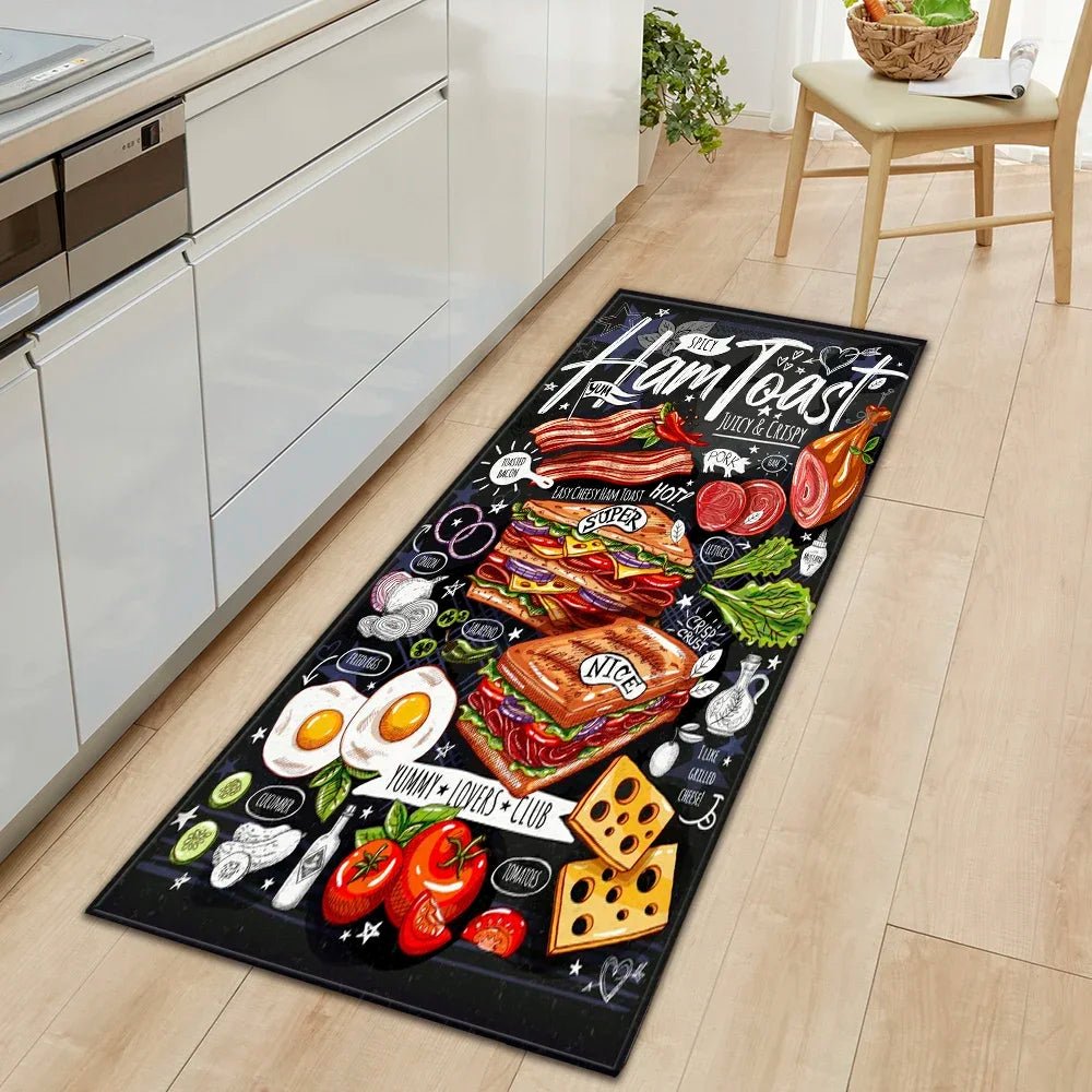 Tapis de cuisine long motif alimentaire - Antidérapant, imperméable et résistant à l'huile pour zone de cuisson - Cuisine Chez Nadine