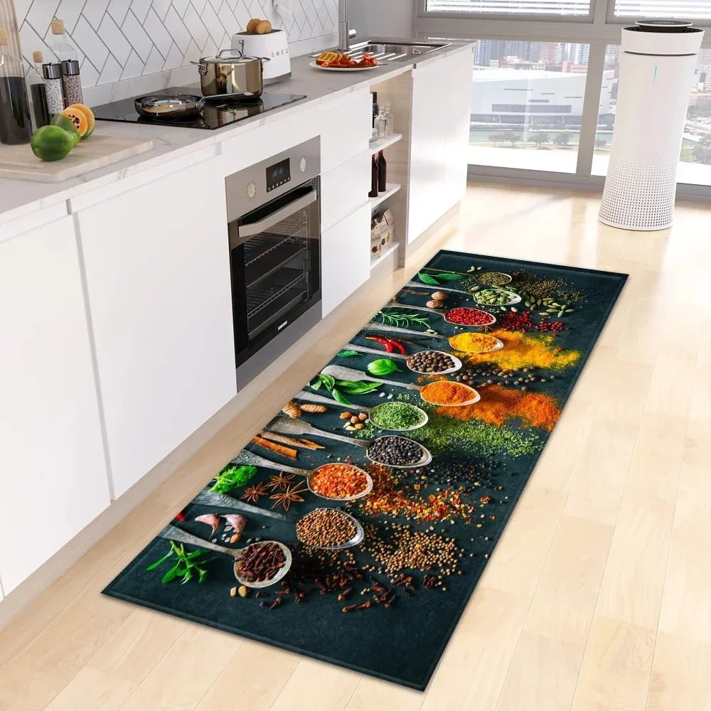 Tapis de cuisine long motif alimentaire - Antidérapant, imperméable et résistant à l'huile pour zone de cuisson - Cuisine Chez Nadine
