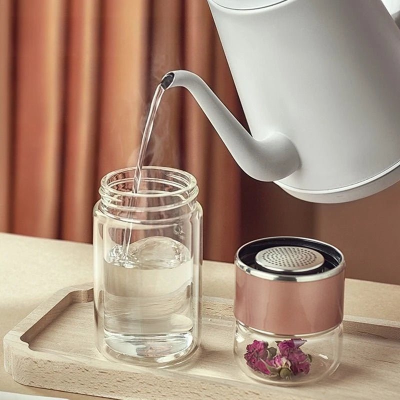 Tasse en Verre 420ml à Double Paroi avec Infuseur à Thé Portable Bureau et Voyage - Cuisine Chez Nadine