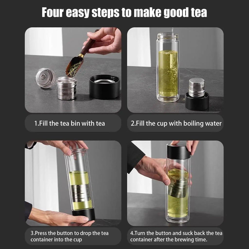Tumbler Infuseur à Thé Voyage 400ml Verre Double Paroi Résistant Haute Température Couvercle Magnétique Tasse Eau - Cuisine Chez Nadine