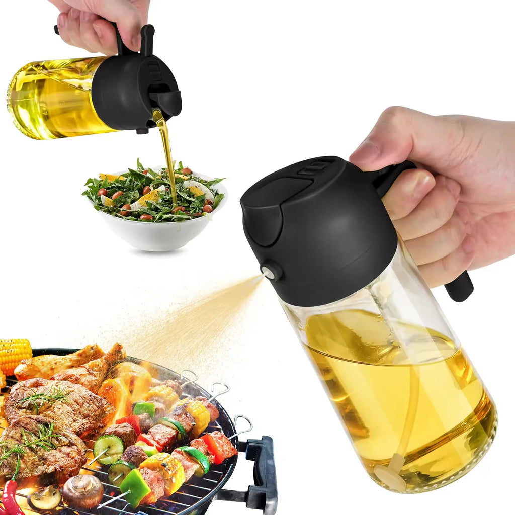 Vaporisateur et distributeur d'huile 2 en 1 en verre - Bouteille spray pour huile d'olive 470ml - Cuisine, salade et barbecue - Cuisine Chez Nadine