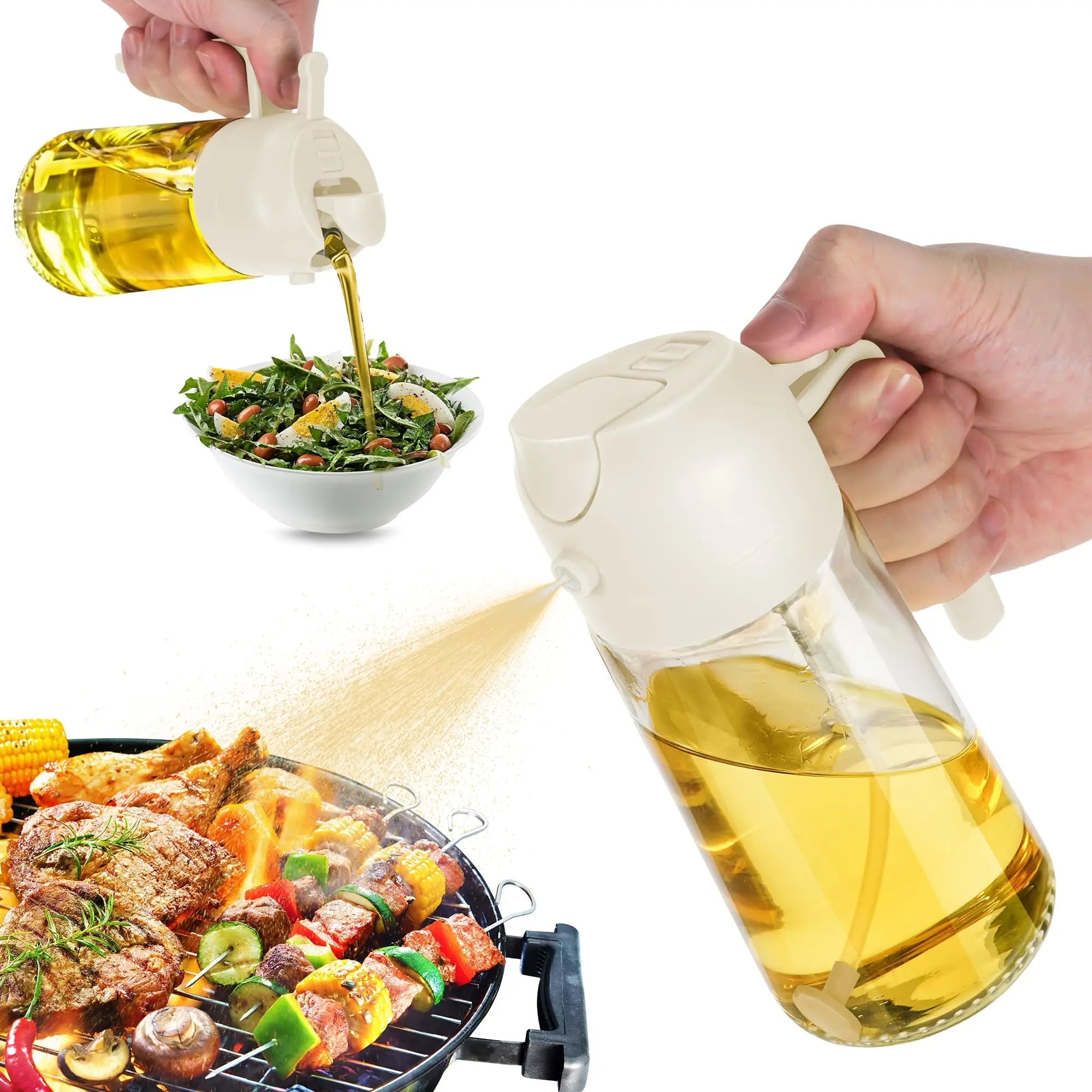 Vaporisateur et distributeur d'huile 2 en 1 en verre - Bouteille spray pour huile d'olive 470ml - Cuisine, salade et barbecue - Cuisine Chez Nadine