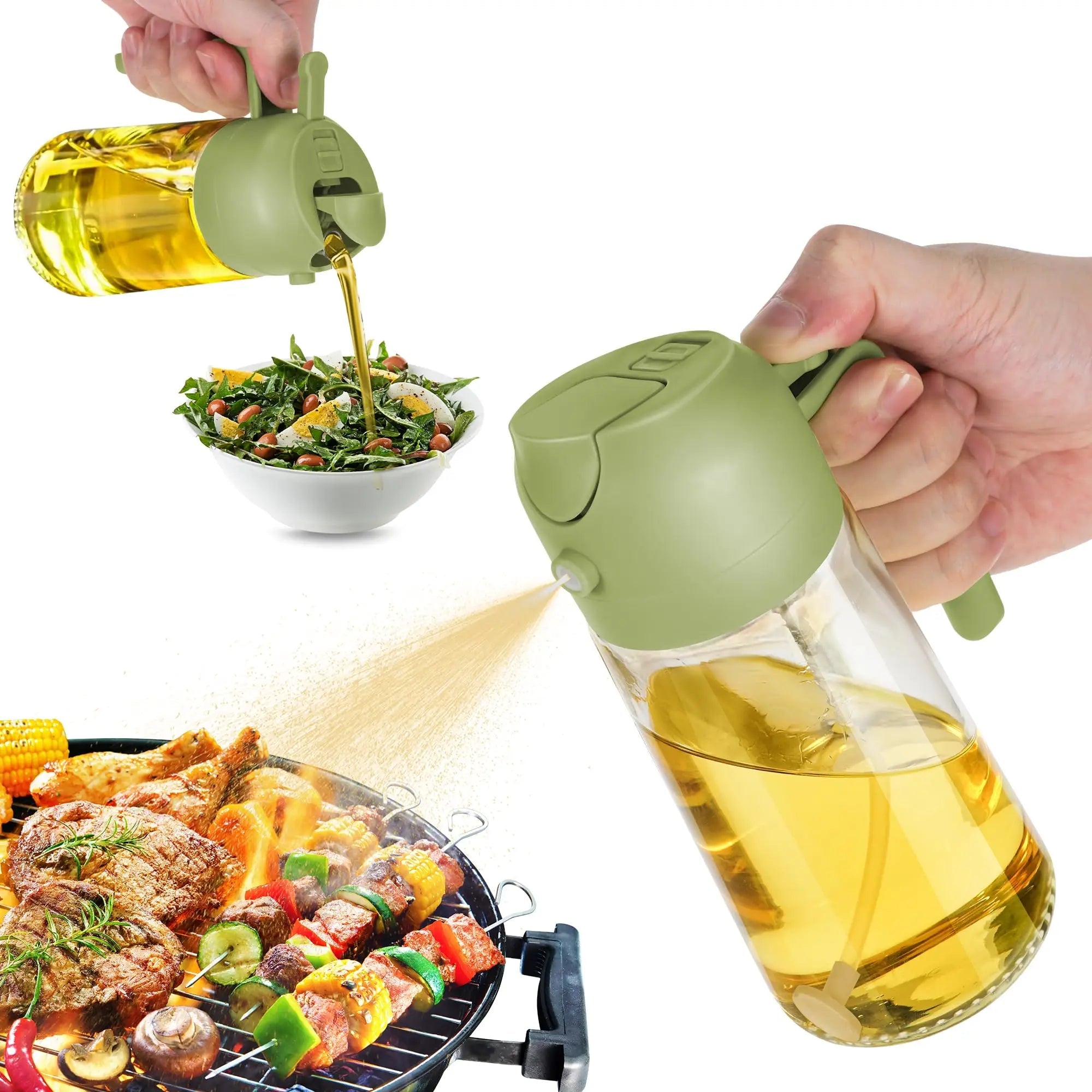 Vaporisateur et distributeur d'huile 2 en 1 en verre - Bouteille spray pour huile d'olive 470ml - Cuisine, salade et barbecue - Cuisine Chez Nadine