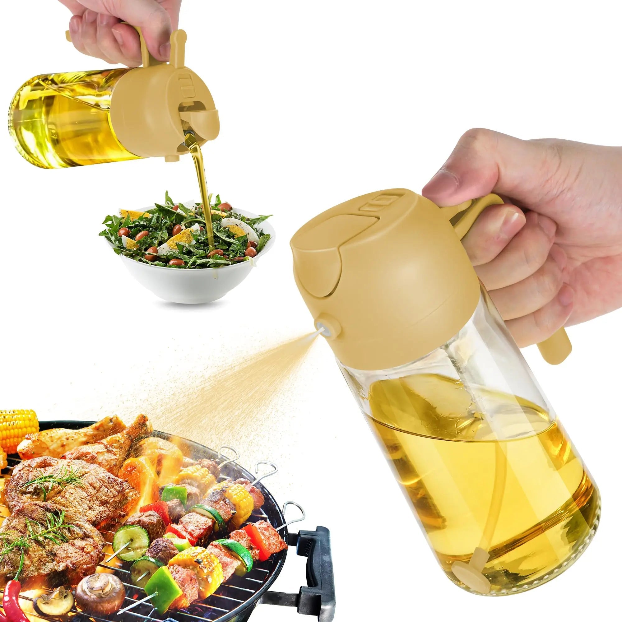 Vaporisateur et distributeur d'huile 2 en 1 en verre - Bouteille spray pour huile d'olive 470ml - Cuisine, salade et barbecue - Cuisine Chez Nadine