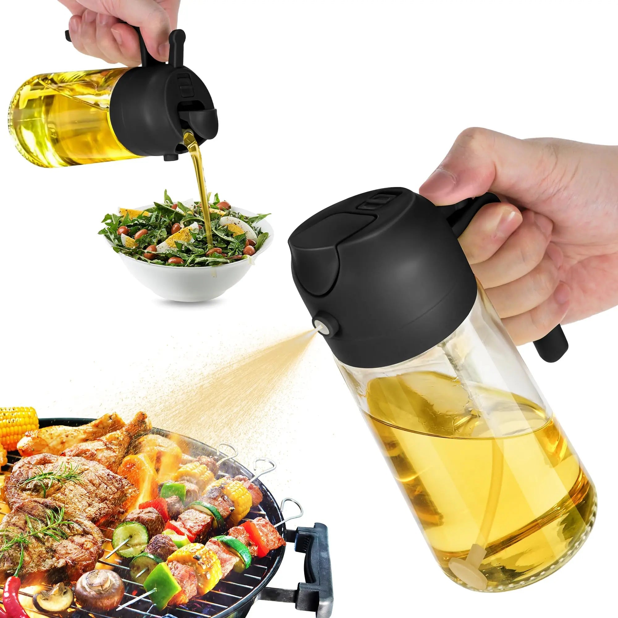 Vaporisateur et distributeur d'huile 2 en 1 en verre - Bouteille spray pour huile d'olive 470ml - Cuisine, salade et barbecue - Cuisine Chez Nadine